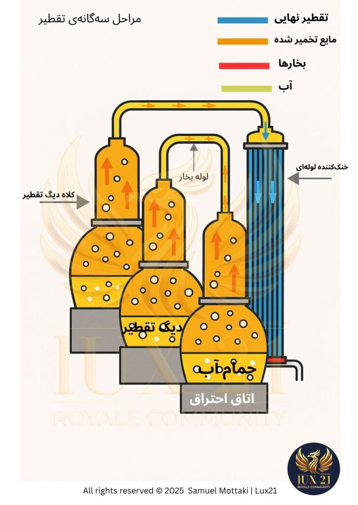 نمودار مراحل سه‌گانه‌ی تقطیر در تولید نوشیدنی‌های الکلی و ویسکی | لوکس۲۱
