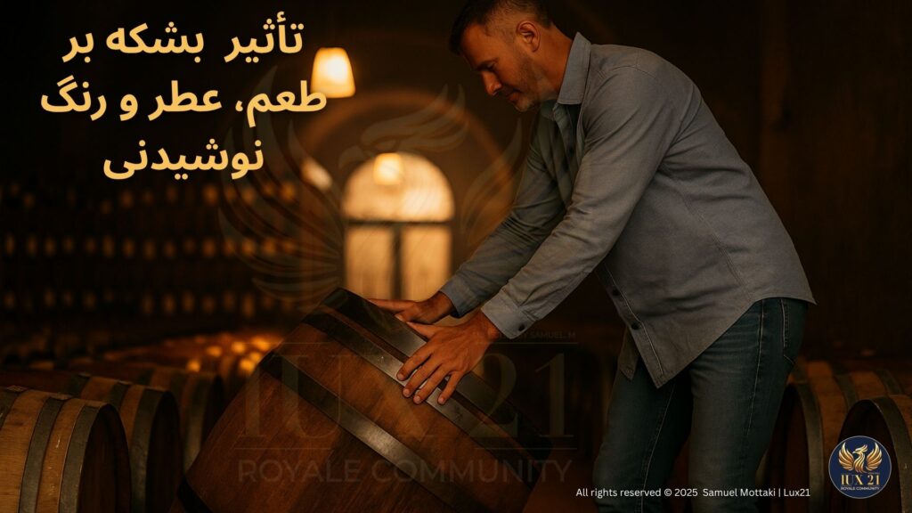 مردی در انبار ویسکی در حال جابه‌جایی بشکه چوبی با نور ملایم و فضای کلاسیک | Lux21